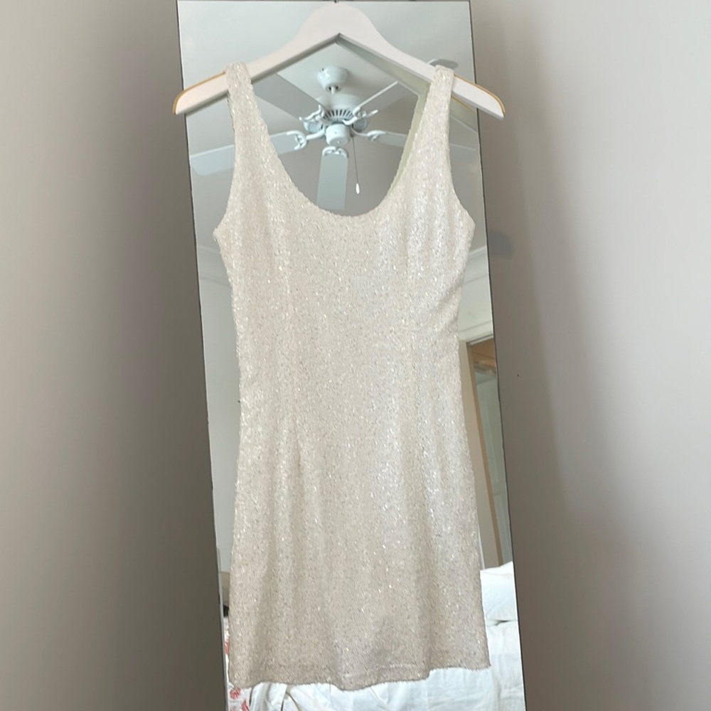 White on white sequined mini dress